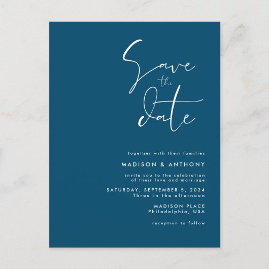 Tichelblau Minimalistische Save the Date Trouwfoto Uitnodiging Briefkaart (Voorkant)