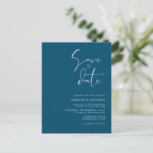 Tichelblau Minimalistische Save the Date Trouwfoto Uitnodiging Briefkaart (Staand voorkant)
