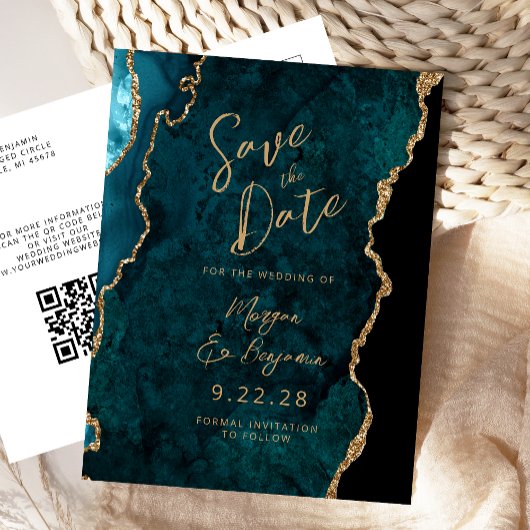Tichelblauw Goud Agaat QR Code Bewaar de Datum Aankondigingskaart