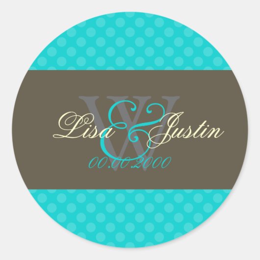 Tichelblauwe polka stippen monogramstickers ronde sticker (Voorkant)
