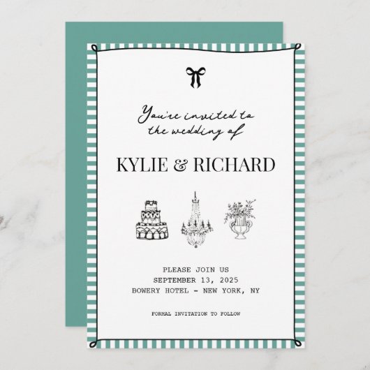 Tichelgroene gestreepte rand save the date kaart (Voorkant / Achterkant)