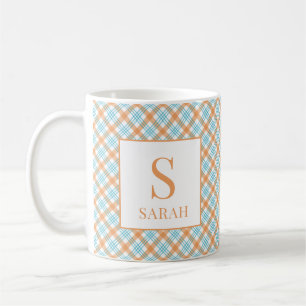 Tichelrode en oranje geruite monogramnaam koffiemok