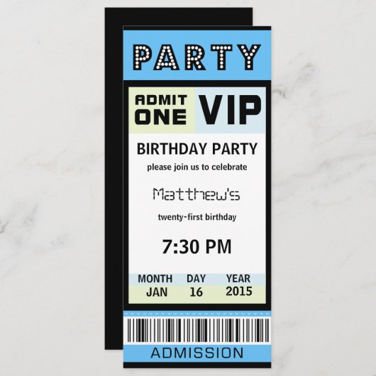 Ticket 21st Birthday Party Invitations Blue Kaart (Voorkant / Achterkant)