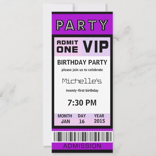 Ticket 21st Birthday Party Invitations Paars Kaart (Voorkant)