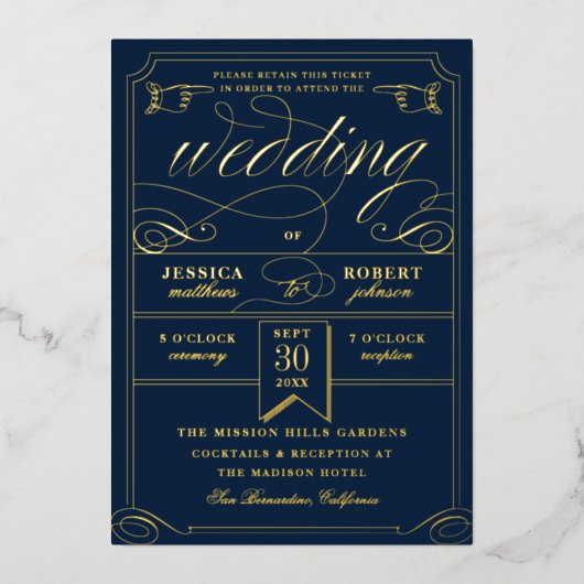  Ticket Antiek Calligrafie Weddenschap Gold Fo Folie Uitnodiging (Voorkant)
