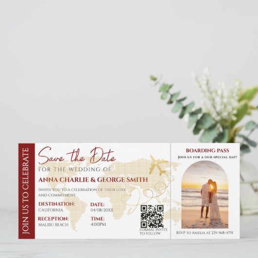 Ticket Bewaar de datum met foto bruiloft Kaart (Staand voorkant)