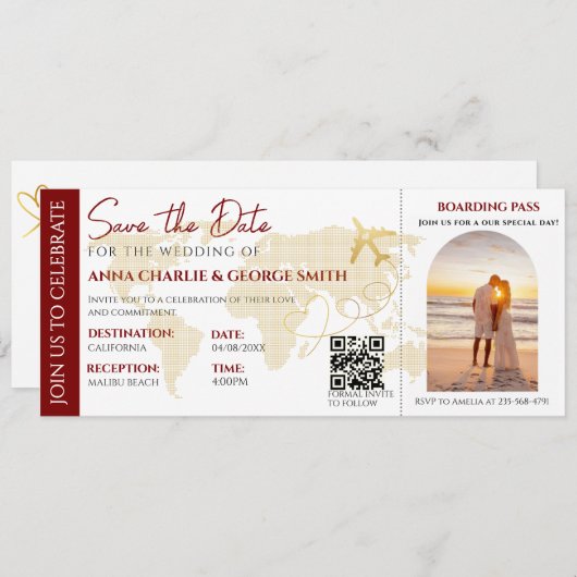 Ticket Bewaar de datum met foto bruiloft Kaart (Voorkant / Achterkant)