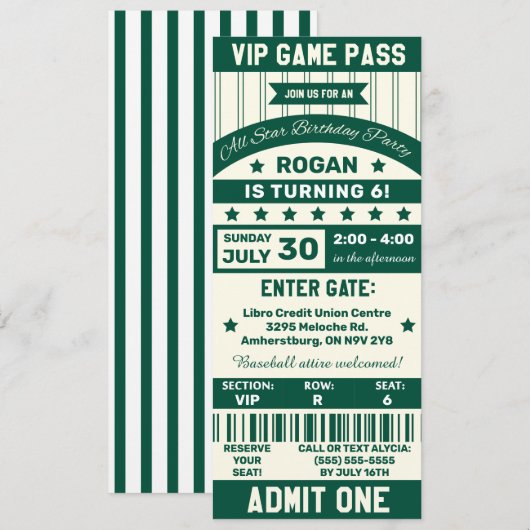 Ticket Birthday Party Groene en Witte Sport Team Kaart (Voorkant / Achterkant)