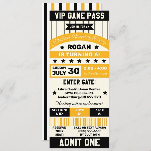 Ticket Birthday Party van het zwarte en gele sport Kaart (Voorkant / Achterkant)