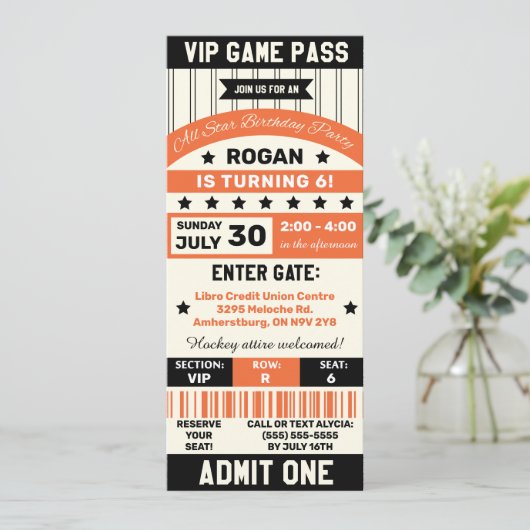 Ticket Birthday Party van het zwarte en Oranje spo Kaart (Staand voorkant)