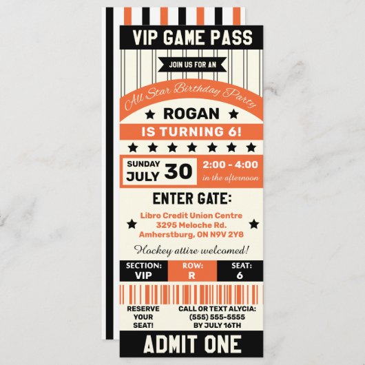 Ticket Birthday Party van het zwarte en Oranje spo Kaart (Voorkant / Achterkant)