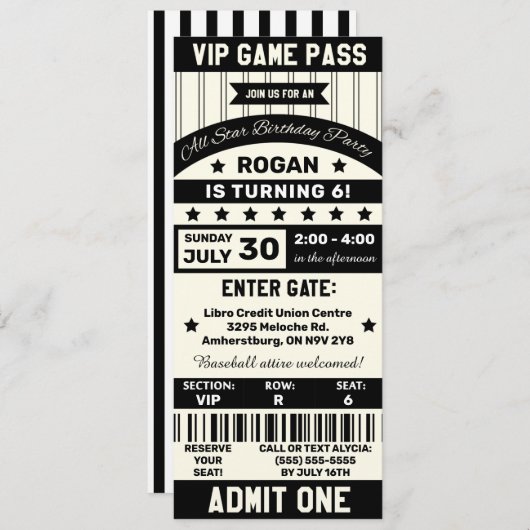 Ticket Birthday Party van het zwarte en witte spor Kaart (Voorkant / Achterkant)