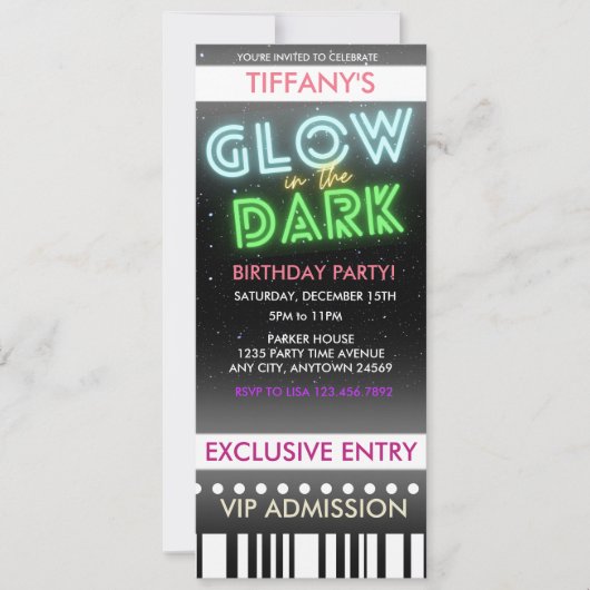 Ticket Birthday Uitnodiging | Gloed in het donker (Voorkant)