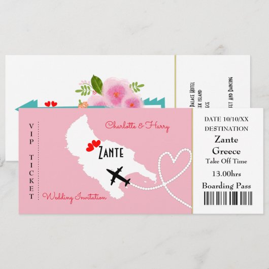 Ticket Boarding Pass Floral Wedding Abroad Zante Kaart (Voorkant / Achterkant)