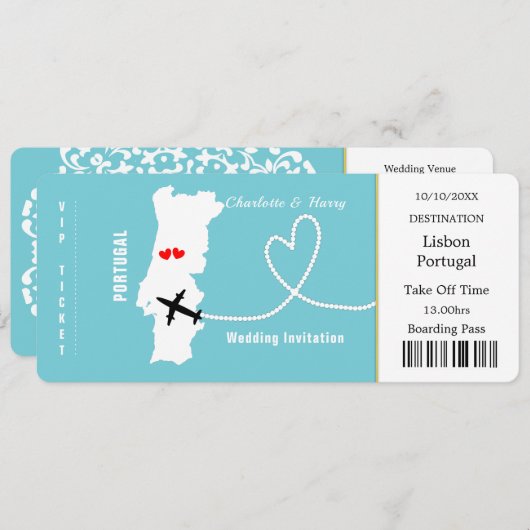 Ticket Boarding Pass Portugal Wedding Destination Kaart (Voorkant / Achterkant)