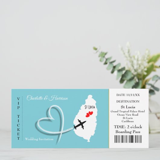 Ticket Boarding Pass Trouwbestemming St Lucia Kaart (Staand voorkant)