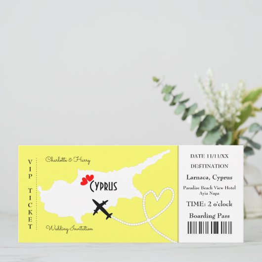 Ticket Boarding Pass Wedding Destination Cyprus Kaart (Staand voorkant)
