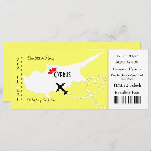Ticket Boarding Pass Wedding Destination Cyprus Kaart (Voorkant / Achterkant)