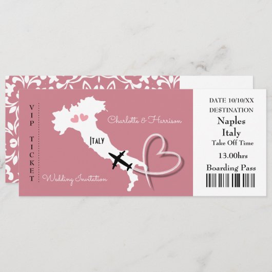 Ticket Boarding Pass Wedding Destination Italy IV Kaart (Voorkant / Achterkant)