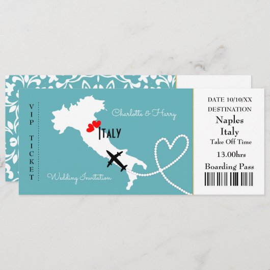 Ticket Boarding Pass Wedding Destination Italy Kaart (Voorkant / Achterkant)