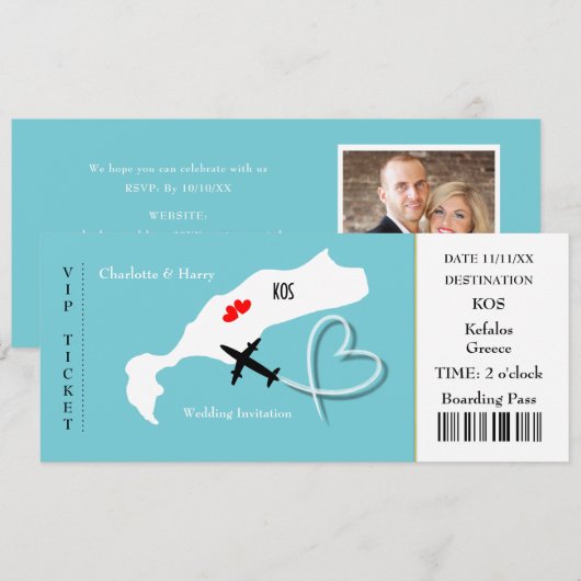 Ticket boarding Pass Wedding Destination Kos Kaart (Voorkant / Achterkant)