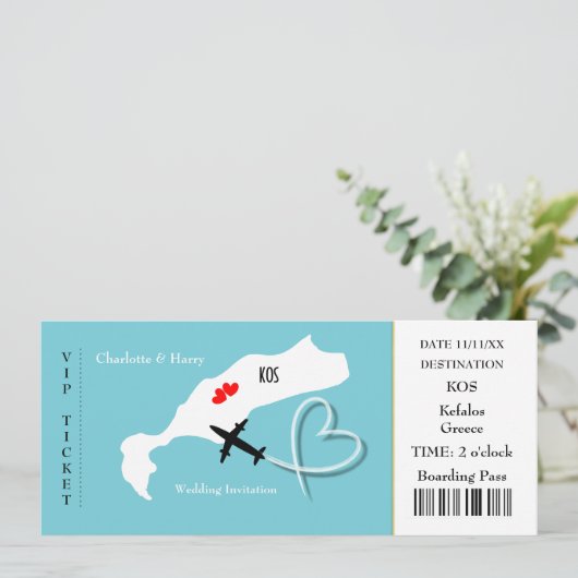 Ticket boarding Pass Wedding Destination Kos Kaart (Staand voorkant)