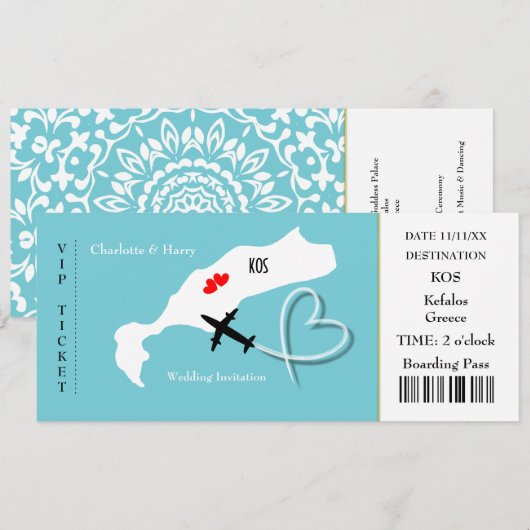 Ticket boarding Pass Wedding Destination Kos Kaart (Voorkant / Achterkant)