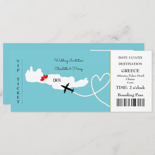 Ticket Boarding Pass Wedding Destination Kreta Kaart (Voorkant / Achterkant)
