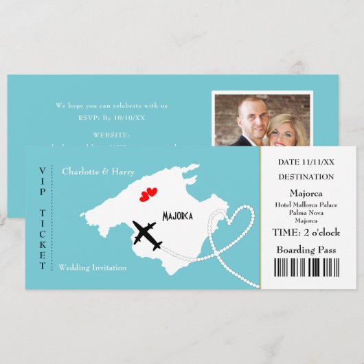 Ticket boarding Pass Wedding Destination Majorca Kaart (Voorkant / Achterkant)