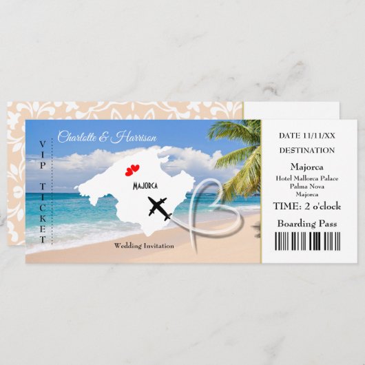 Ticket boarding Pass Wedding Destination Majorca Kaart (Voorkant / Achterkant)