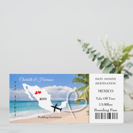 Ticket Boarding Pass Wedding Destination Mexico Kaart (Staand voorkant)