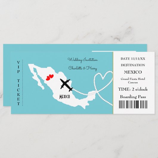 Ticket Boarding Pass Wedding Destination Mexico Kaart (Voorkant / Achterkant)