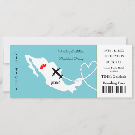 Ticket Boarding Pass Wedding Destination Mexico Kaart (Voorkant)