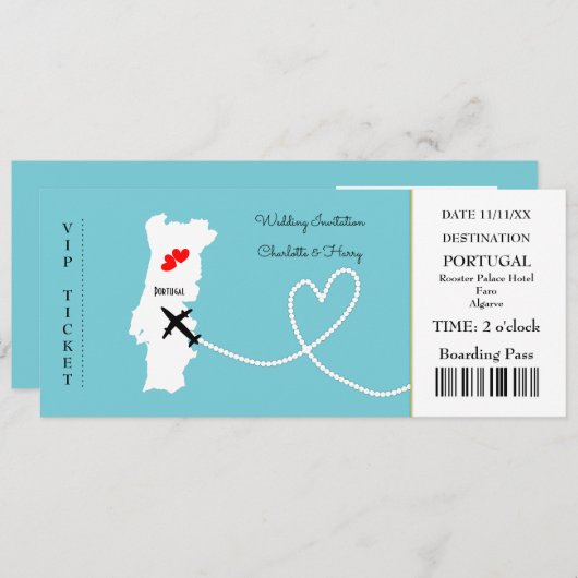Ticket Boarding Pass Wedding Destination Portugal Kaart (Voorkant / Achterkant)