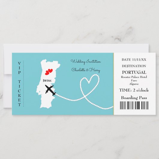 Ticket Boarding Pass Wedding Destination Portugal Kaart (Voorkant)