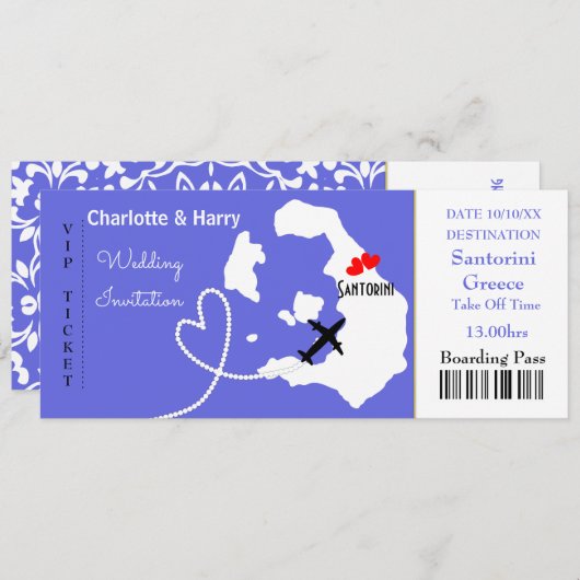 Ticket Boarding Pass Wedding Destination Santorini Kaart (Voorkant / Achterkant)