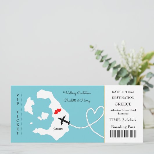 Ticket Boarding Pass Wedding Destination Santorini Kaart (Staand voorkant)