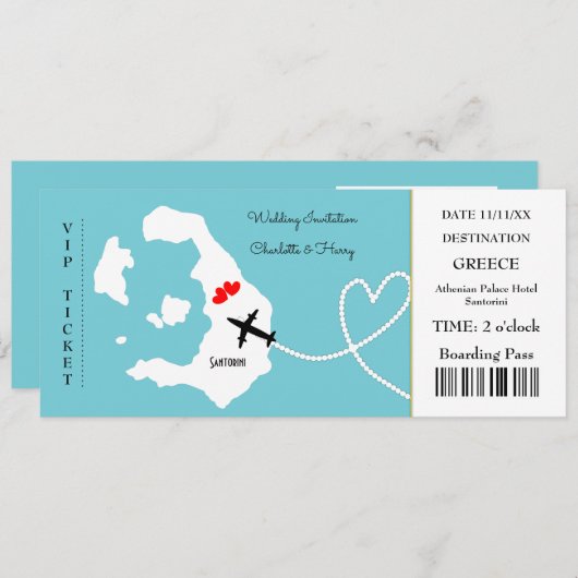 Ticket Boarding Pass Wedding Destination Santorini Kaart (Voorkant / Achterkant)