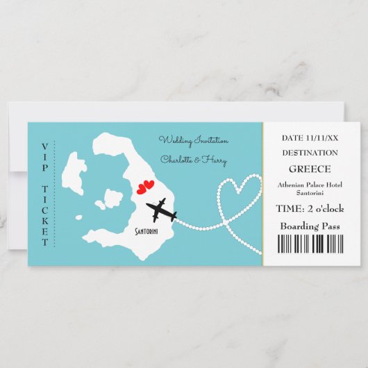 Ticket Boarding Pass Wedding Destination Santorini Kaart (Voorkant)