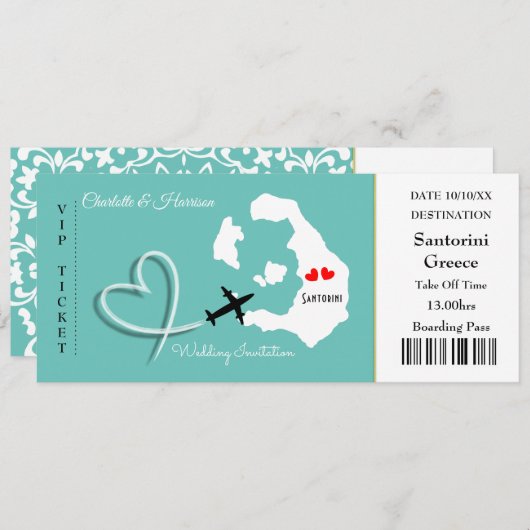 Ticket Boarding Pass Wedding Destination Santorini Kaart (Voorkant / Achterkant)