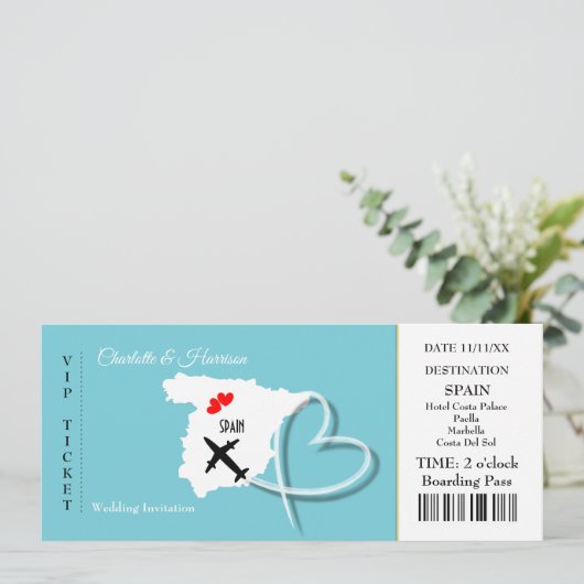 Ticket Boarding Pass Wedding Destination Spain Kaart (Staand voorkant)