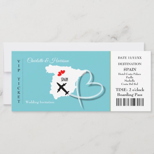Ticket Boarding Pass Wedding Destination Spain Kaart (Voorkant)