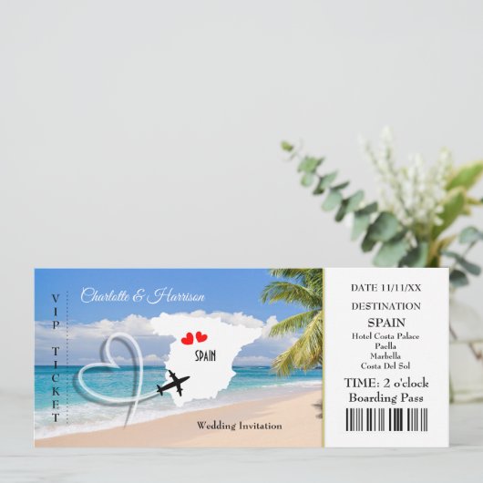 Ticket Boarding Pass Wedding Destination Spain Kaart (Staand voorkant)