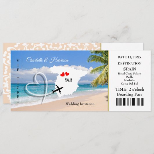 Ticket Boarding Pass Wedding Destination Spain Kaart (Voorkant / Achterkant)