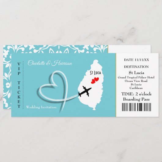 Ticket Boarding Pass Wedding Destination St Lucia Kaart (Voorkant / Achterkant)