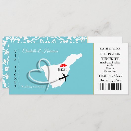 Ticket Boarding Pass Wedding Destination Tenerife Kaart (Voorkant / Achterkant)