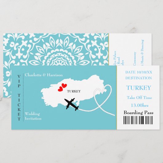 Ticket Boarding Pass Wedding Destination Turkey Kaart (Voorkant / Achterkant)