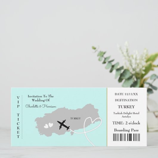 Ticket Boarding Pass Wedding Destination Turkey Kaart (Staand voorkant)