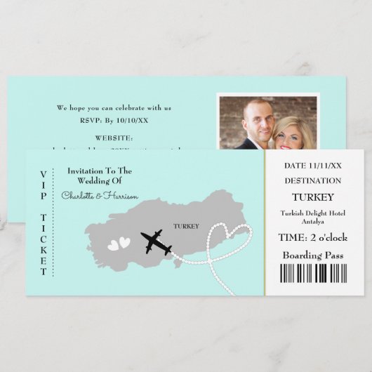 Ticket Boarding Pass Wedding Destination Turkey Kaart (Voorkant / Achterkant)