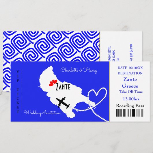 Ticket Boarding Pass Wedding Destination Zante Kaart (Voorkant / Achterkant)